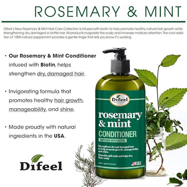 Difeel Rosemary & Mint Conditioner bottle with text about hair care benefits on a white background